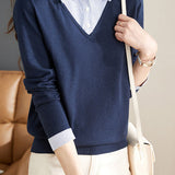Casual Office Polo Collar Spliced Fake Two-Piece Knit Top - liwisi