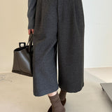 Casual Wool Pleated Cropped Wide‑Leg Trousers