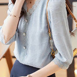 V-Neck Star Pattern Lace Hem Short Sleeve Blouse with Lining