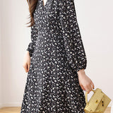 Exquisite Elegant Floral Waist-Cinched Long-Sleeve Dress
