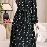 Elegant Ruffled Floral Drawstring Dress