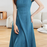 Retro Denim Pleated Short Sleeve Dress - liwisi