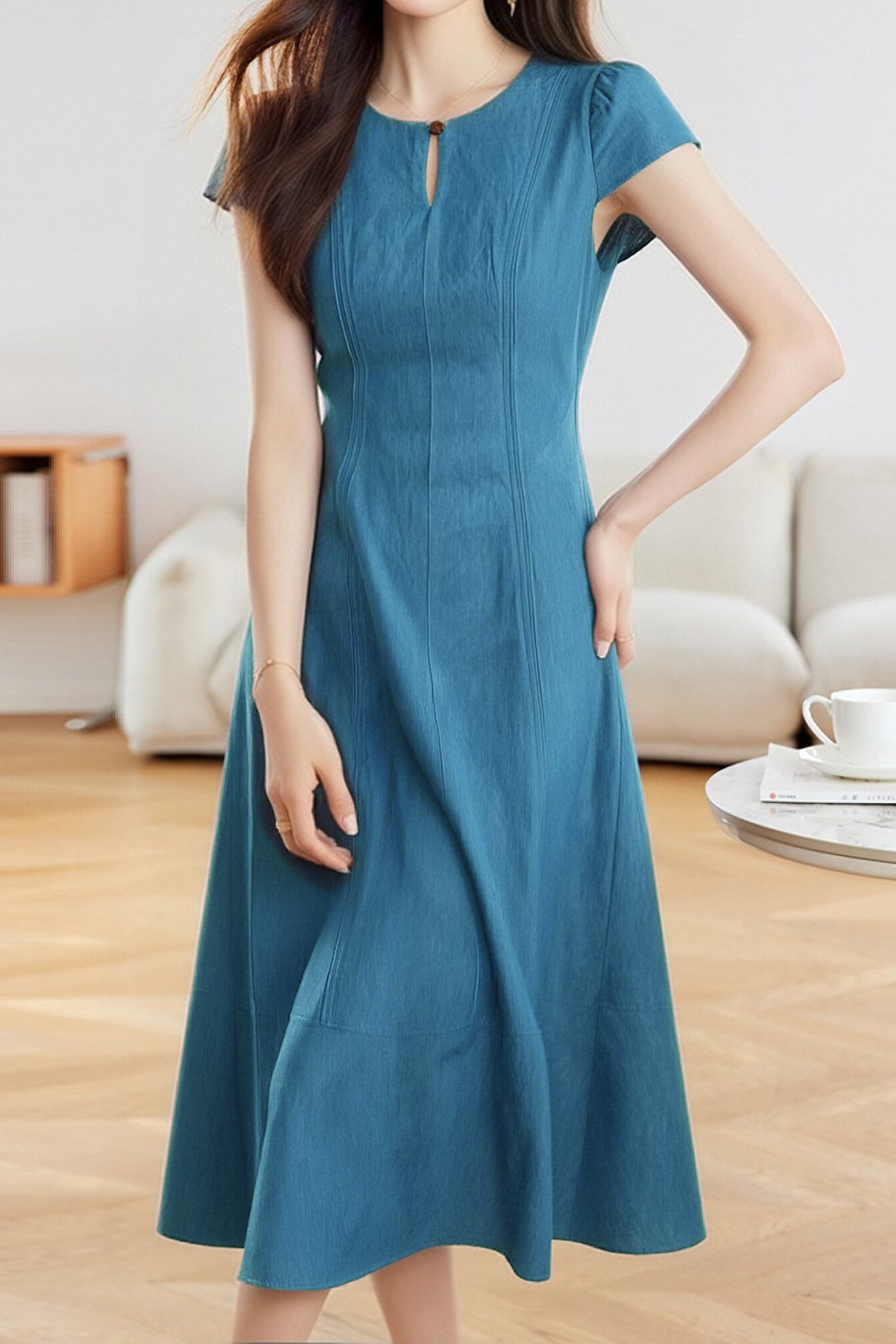 Retro Denim Pleated Short Sleeve Dress - liwisi