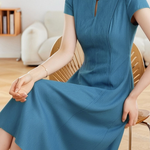 Retro Denim Pleated Short Sleeve Dress - liwisi