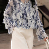 Casual Print Tie-Dye Ruffle Mesh Top