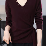 Casual Single‑Breasted Cross V‑Neck Side Tie Knit Top