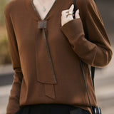 Elegant Commuter V‑Neck Ribbon Long‑Sleeve Knit Sweater