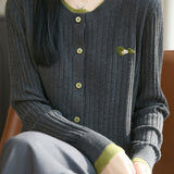 Elegant Commuter Crew Neck Ribbed Fake Two‑Piece Knit Cardigan