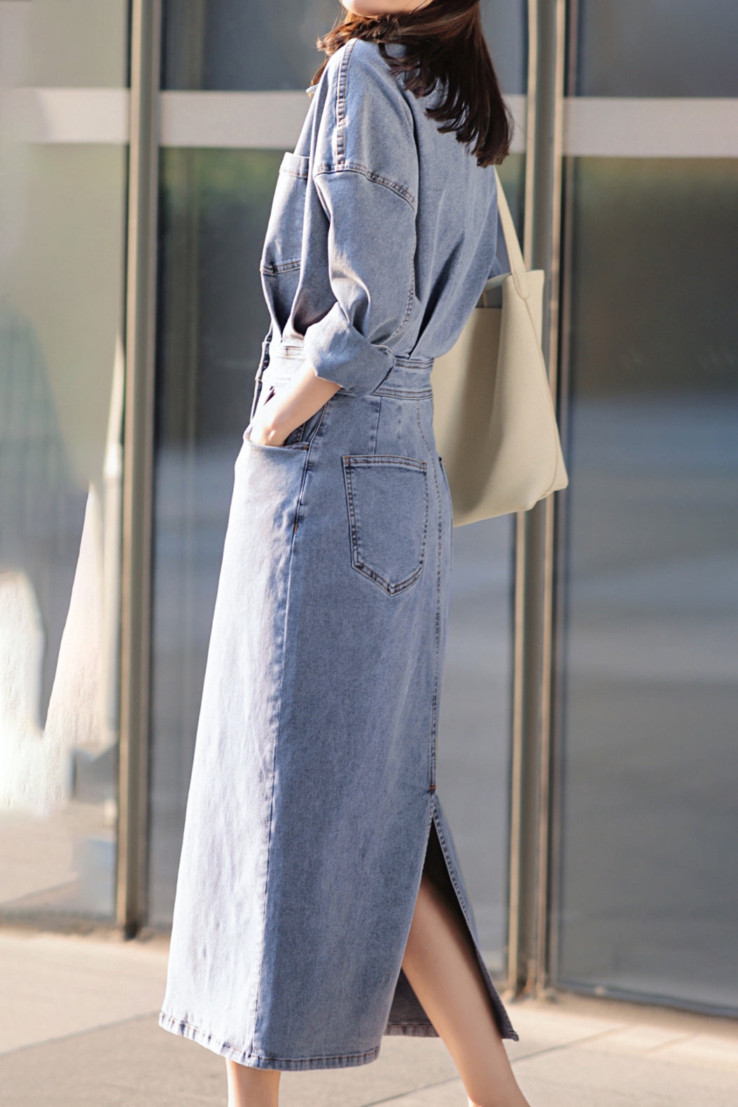 バックスリットデニムロングシャツワンピース - liwisi