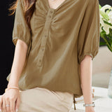V-Neck Front Button Decor Drawstring Gathered Blouse - 3 Colors Available
