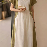 Elegant Color Contrast V-neck Tie Dress
