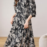 Elegant Commuter V‑Neck Floral Waist‑Defined Long‑Sleeve Dress