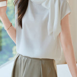 Diagonal Bow Tie Collar Drop Shoulder Satin Blouse - 2 Colors Available