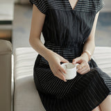 Skipper Collar Striped Docking Linen Dress