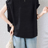 Exquisite Elegant Crew Neck Button Acetate Satin Raglan Sleeve Blouse
