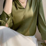 V-Neck Front Tuck Satin Blouse - 5 Colors Available
