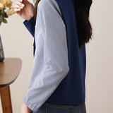 Round Neck Diagonal Button Decor Striped Contrast Sweatshirt