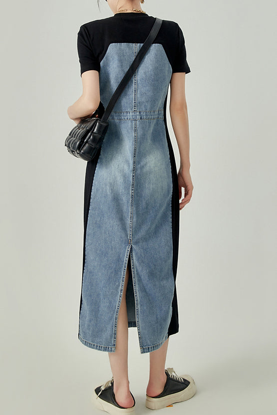 Mixed Material Contrast Back Slit Long Shift Denim Dress liwisi Mixed Material Contrast Back Slit Long Shift Denim Dress liwisi