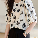Exquisite Elegant Five-Quarter Sleeve Heart Print Chiffon Blouse