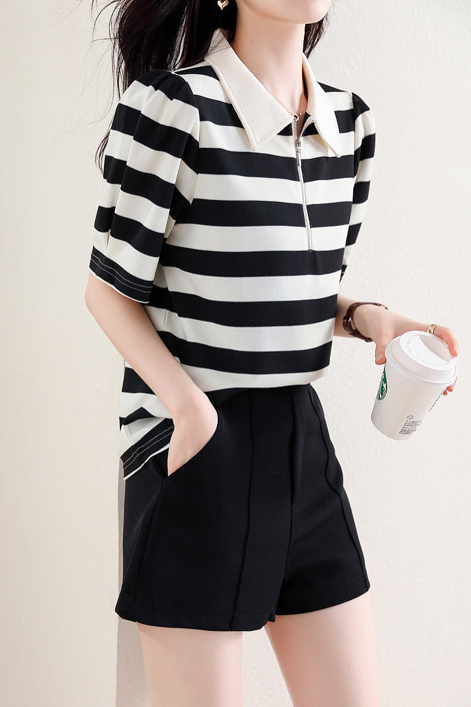 ポロカラーボーダー柄ハーフジップTシャツ - liwisi
