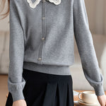Exquisite Lace Ribbon Lapel Knit Sweater - liwisi