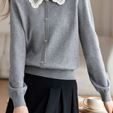 Exquisite Lace Ribbon Lapel Knit Sweater - liwisi