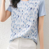 Round Neck Art Print Jacquard Check Contrast T-Shirt with Lining