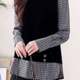 Casual Spliced Plaid Fake Two‑Piece Fuzzy Knit Sweater