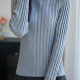 Casual Wavy‑Edge Hollow‑Out Ribbed Mock Neck Knit Top