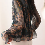 Exquisite Commuter Flared Sleeve Ruffled Waist-Cinched Chiffon Blouse