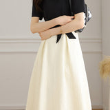 Bi-Color Square Neck Tie-Belted Flare Dress with Lining