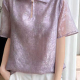 Elegant Mandarin Collar Frog Button Short-Sleeve Shirt