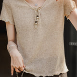 Casual Ruffled Beaded Tie Linen Knit Top