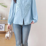 Elegant Date‑Style Crew Neck Lace Applique Puff Sleeve Shirt