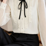 French Elegant Ruffle Collar Bow Long Sleeve Blouse