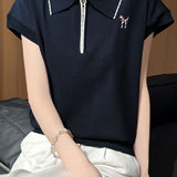 Elegant Commuter Contrast Trim Puppy Embroidery Half-Zip Knit T-Shirt