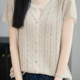 Casual Commuter Tencel Linen V-Neck Hollow-Out Short-Sleeve Knit Top