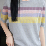 Elegant Striped Short-Sleeve Knit Top With Round Neck
