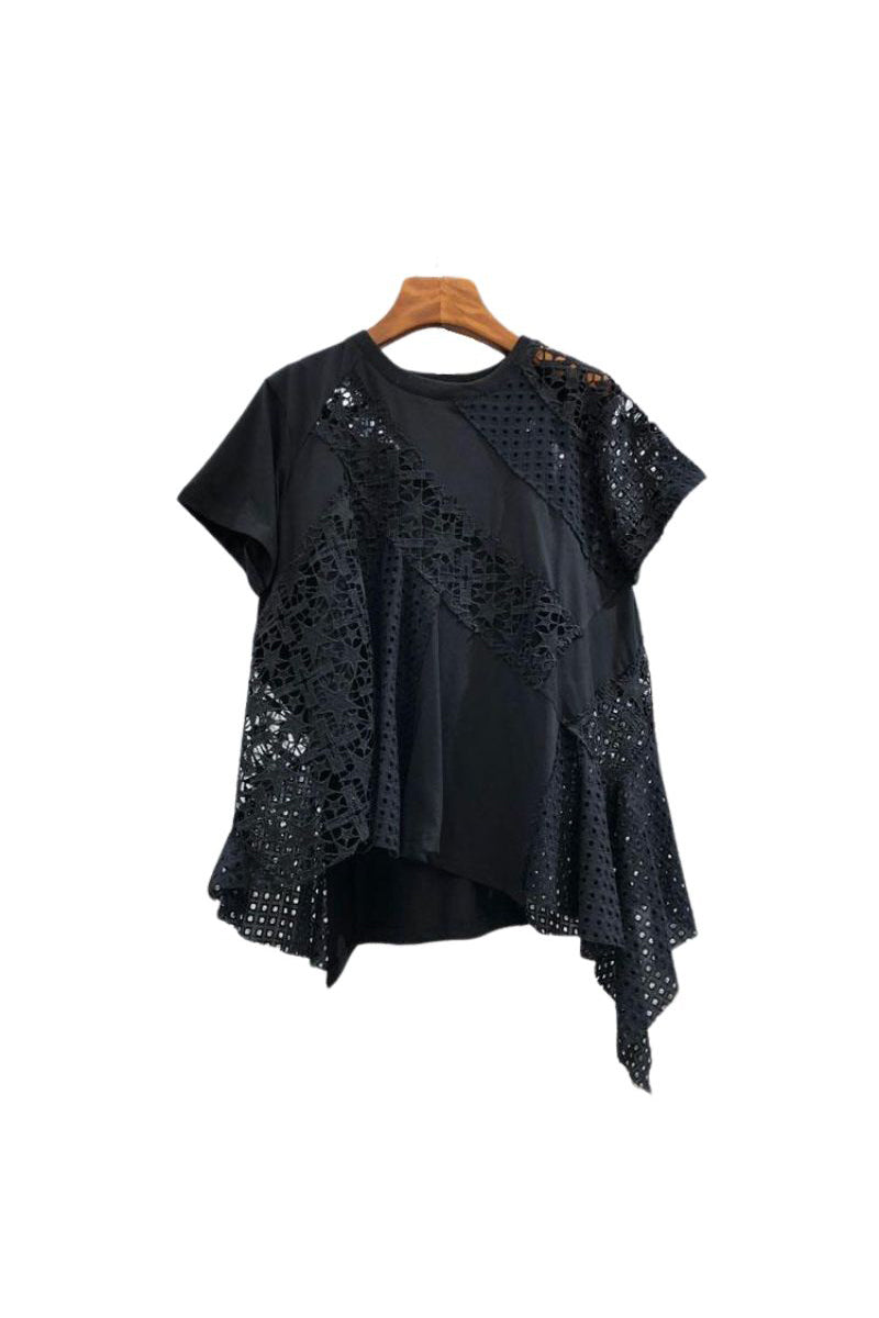 イレギュラーヘム刺繡切り替えTシャツ　3色入 - liwisi