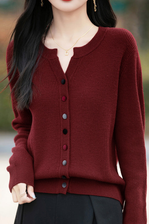 Casual Color-Block Button V-Neck Knitted Cardigan - liwisi