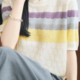 Elegant Striped Short-Sleeve Knit Top With Round Neck