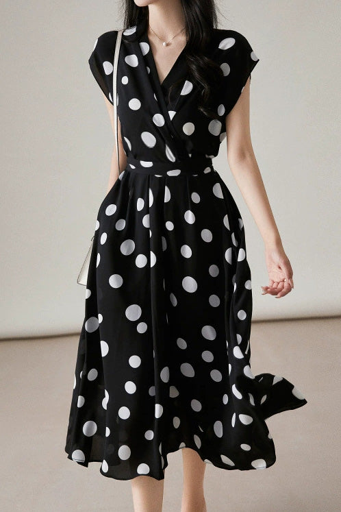 Polka Dot V-Neck Tied Dress - liwisi
