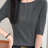 Casual Floral Embossed Vertical Stripe Crew Neck Knit Top