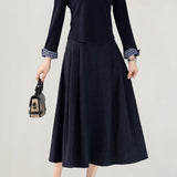 Elegant Off-The-Shoulder Lapel Plaid Spliced Pleated Two-Piece Set: Knit Top & Midi Skirt