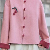 Casual Color‑Block Stand‑Collar Coat With 3D Cherry Decorations