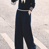 Casual Color-Block Sailor Collar Long Sleeve Knit Top & High Waist Wide-Leg Pants Two-Piece Set