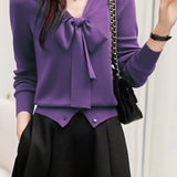 V-Neck Ribbon Tie Wool-Like Knit - 5 Colors Available