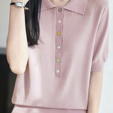 Elegant Commuter Lyocell Tencel Color Button Lapel Short-Sleeve Knit Top