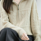 Casual Retro Cable‑Knit Spliced Zip‑Up Cardigan