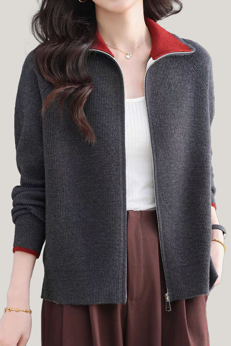 Casual Versatile Lapel Color-Block Knitted Cardigan - liwisi
